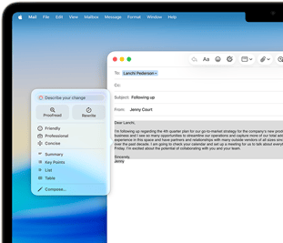Obrazovka MacBooku Air s ukážkou použitia Nástrojov na písanie s Apple Intelligence pri písaní e-mailu
