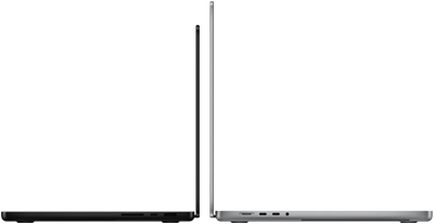 14‑palcový a 16‑palcový MacBook Pro umiestnené zadnou stranou veka k sebe, čo znázorňuje rozdiel vo veľkosti a úzky profil