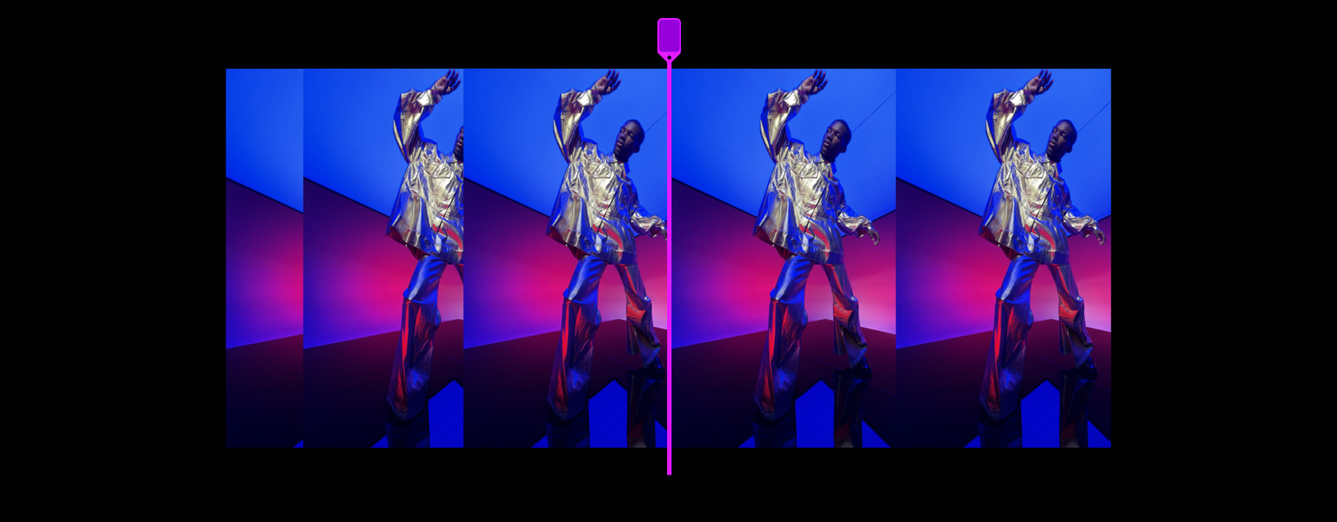 Animierte Videotimeline einer Person in einem silbernen Outfit vor einem blauen und magentafarbenen Hintergrund, Final Cut Pro Bearbeitungswerkzeuge für den Videoschnitt