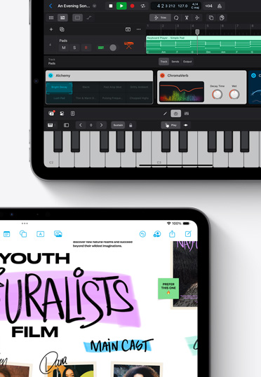 兩部 iPad 正在顯示 Logic Pro 和 Freeform 應用程式。