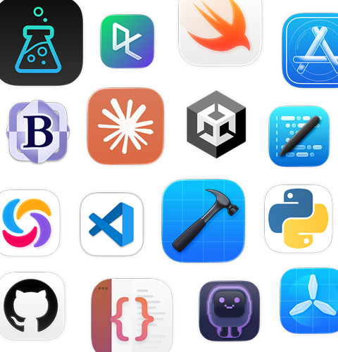 Un ensemble d’icônes d’apps de codage, dont Unity Editor, DataCamp, Swift Playground et Apple Developer.