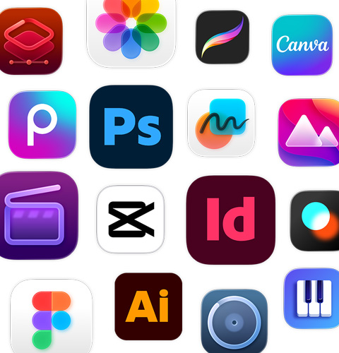Un ensemble d’icônes d’apps de création, dont Adobe Illustrator, Canva, CapCut et Figma