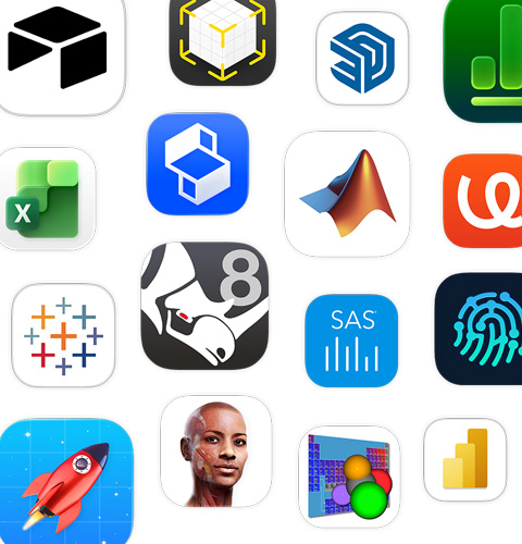 Un ensemble d’icônes d’apps STEM, dont Shapr3D, MATLAB, uMake, et Tableau.
