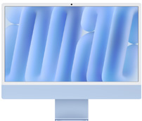 iMac, vue de face, bleu, caméra centrée en haut, affichant un fond d’écran abstrait bleu.