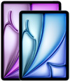 Deux iPad Air de tailles différentes, vue de face, le plus petit devant le plus grand, avec des motifs de dégradé violet et bleu vif.