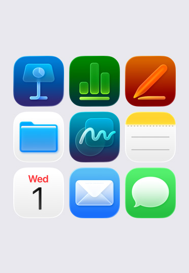 Icônes d’apps Apple disposées dans une grille 3 × 3, avec : Keynote, Numbers, Pages, Fichiers, Notes et Calendrier.