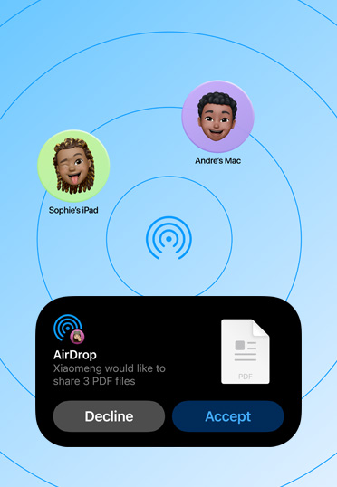 Interface AirDrop affichant une demande de partage de trois fichiers PDF, avec les options refuser ou accepter.