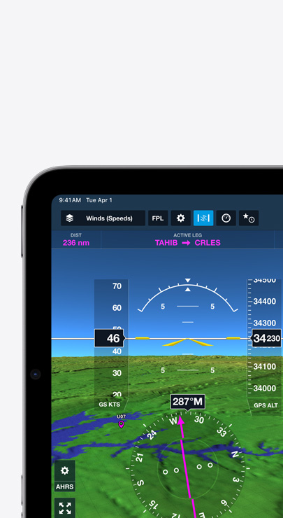 iPad che mostra la velocità e la direzione del vento su una mappa topografica di volo con creste che rappresentano le montagne.