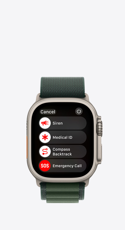 Un Apple Watch mostra un elenco di funzioni di emergenza: Sirena, Cartella clinica, Torna sui tuoi passi e Chiamata di emergenza