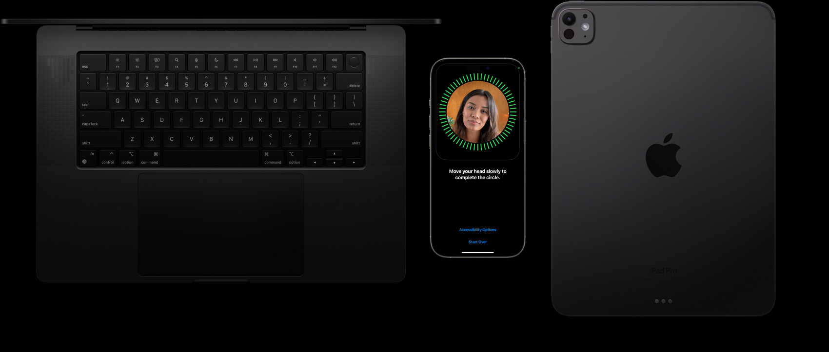 Un MacBook nero siderale, un iPhone color titanio naturale e un iPad nero siderale sono affiancati; sull’iPhone viene mostrato il Face ID