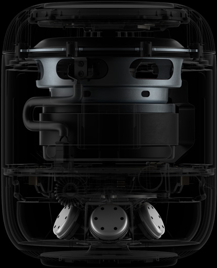Bild från sidan, insidan av HomePod med de viktigaste komponenterna