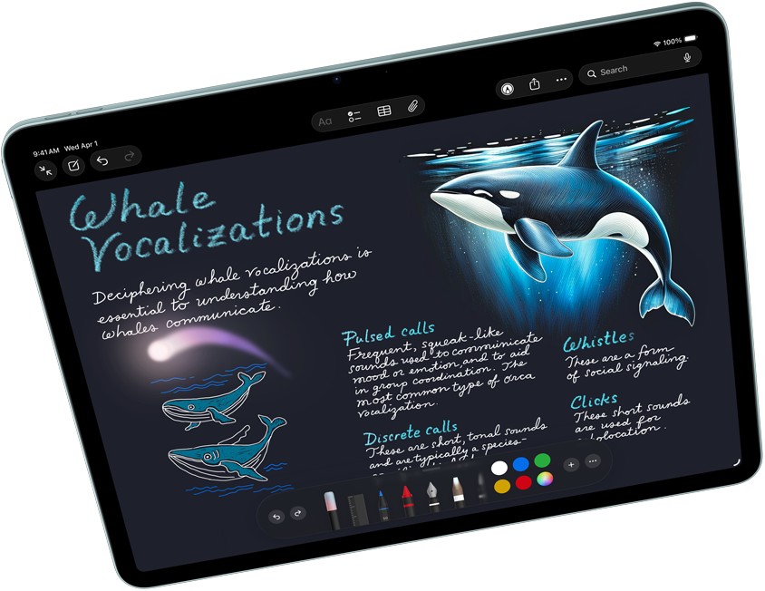 Ein iPad Air im Querformat zeigt Apple Intelligence mit Image Playground und Keynote und ein Apple Pencil Pro
