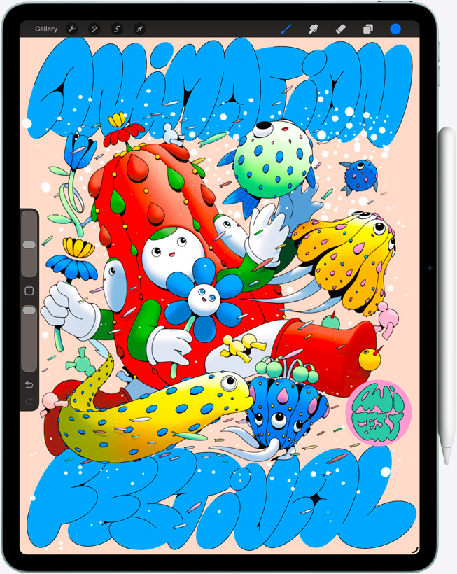 iPad Air, Vorderansicht, das Display zeigt die Procreate App und ein digitales Kunstwerk mit verschiedenen Charakteren und Objekten, Apple Pencil Pro