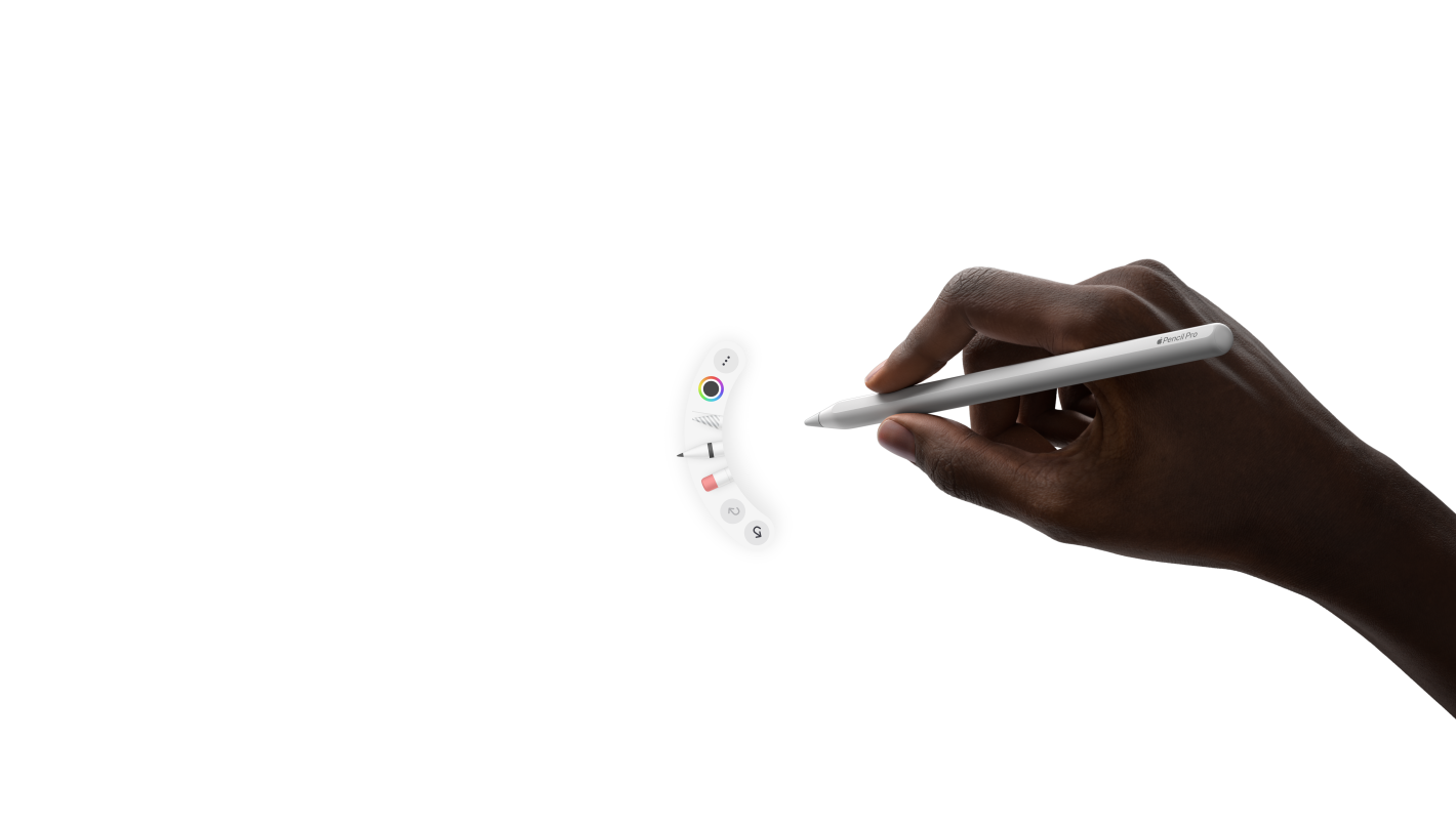 iPad Pro, esikülg, horisontaalpaigutus, animatsioon käest hoidmas Apple Pencil Prod, pigistamine toob esile tööriistade paleti pliiatsiotsiku all