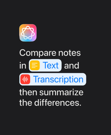 Apple Intelligence’i ikoon ja teksti käsklus: “Võrdle teksti ja transkriptsiooni märkmeid ja tee erinevustest kokkuvõte”