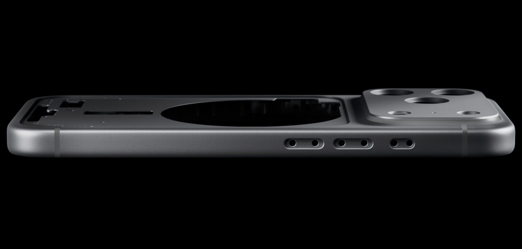 iPhone 17 Pro vist bagfra, Unibody-kabinet i varmpresset aluminium