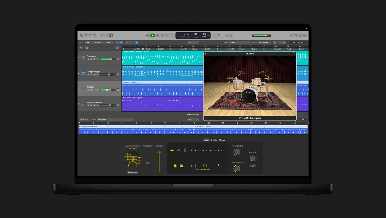 หน้าจอ MacBook Pro รุ่น 16 นิ้ว แสดง Acoustic Drummer, หน้าต่าง SoCal Kit ที่เปิดอยู่พร้อม Drum Kit Designer, ทางด้านซ้ายเป็นแถวของ Crosswave, Vintage Upright, SoCal Kit, Simple Foundation, ที่ด้านล่างเป็นตัวควบคุม Acoustic Drummer Pop Rock
