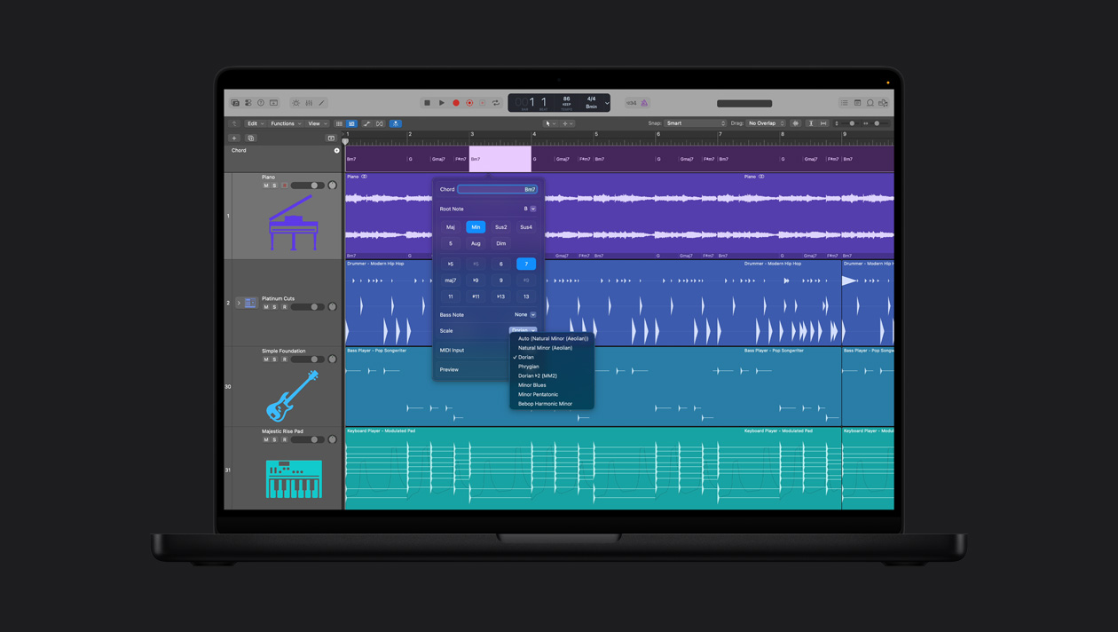 หน้าจอ MacBook Pro รุ่น 16 นิ้ว แสดง Chord Track, Piano, Platinum Cuts, Simple Foundation, Majestic Rise Pad, การปรับหน้าต่าง Chord