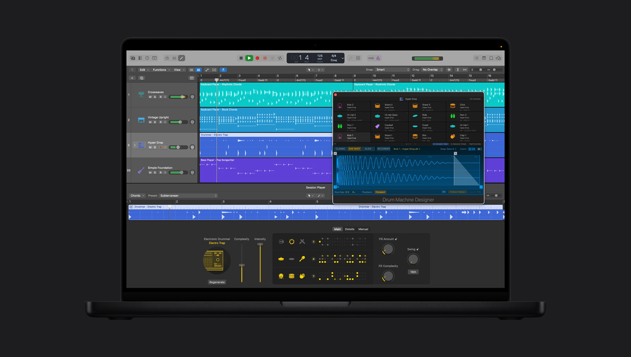 หน้าจอ MacBook Pro รุ่น 16 นิ้ว แสดง Electronic Drummer, หน้าต่าง Hyper Drop ที่เปิดอยู่พร้อม Drum Kit Designer, ทางด้านซ้ายเป็นแถวของ Crosswave, Vintage Upright, Hyper Drop, Simple Foundation, ที่ด้านล่างเป็นตัวควบคุม Electronic Drummer Electro Trap