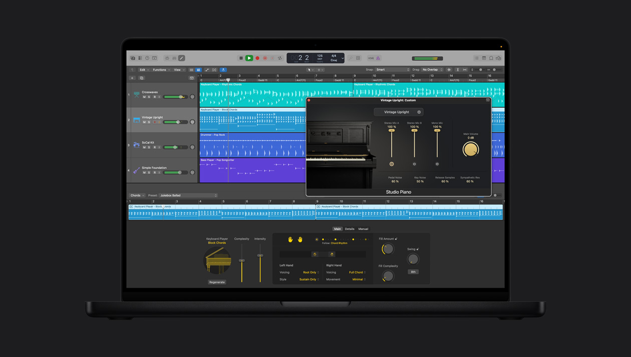 หน้าจอ MacBook Pro รุ่น 16 นิ้ว แสดง Synth Player, Vintage Upright: หน้าต่างแบบกำหนดเองที่เปิดอยู่พร้อมตัวควบคุม Studio Piano, ทางด้านซ้ายมีแถวที่แสดง Crosswave, Vintage Upright, SoCal Kit, Simple Foundation, ที่ด้านล่างมีตัวควบคุม Keyboard Player Rhythmic Chords
