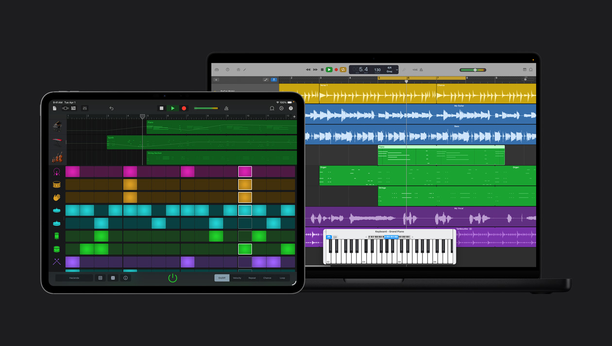 หน้าจอ iPad Pro รุ่น 13 นิ้ว แสดงพื้นที่ทำงานพร้อมแผงเครื่องดนตรีทางด้านซ้ายและสีกับคลื่นเสียงที่เกี่ยวข้องซึ่งอยู่ข้างๆ, หน้าจอ MacBook Pro รุ่น 16 นิ้ว แสดงแถวเครื่องดนตรีต่างๆ พร้อมคลื่นเสียงที่มีสีแตกต่างกัน, คีย์บอร์ดของแกรนด์เปียโนแสดงอยู่ด้านล่าง