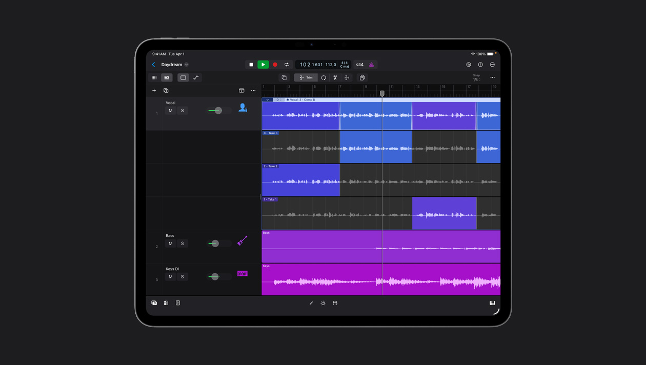 หน้าจอ iPad Pro รุ่น 13 นิ้ว แสดงพื้นที่ทำงานที่มีคลื่นเสียงต่างๆ หลายแถว, รายการเครื่องดนตรีทางด้านซ้าย, ปุ่มบันทึกที่ด้านบนของหน้าจอ