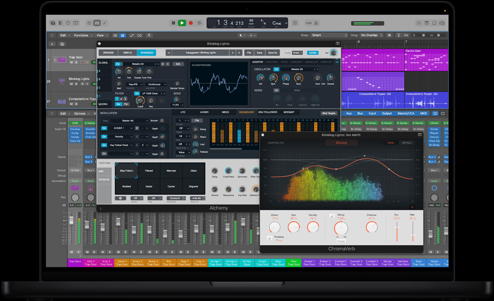 MacBook Pro รุ่น 16 นิ้ว, มิกซิ่งบอร์ดของ Logic Pro พร้อมโมดูลสำหรับควบคุมการเล่นแบบอาร์เพจจิโอ