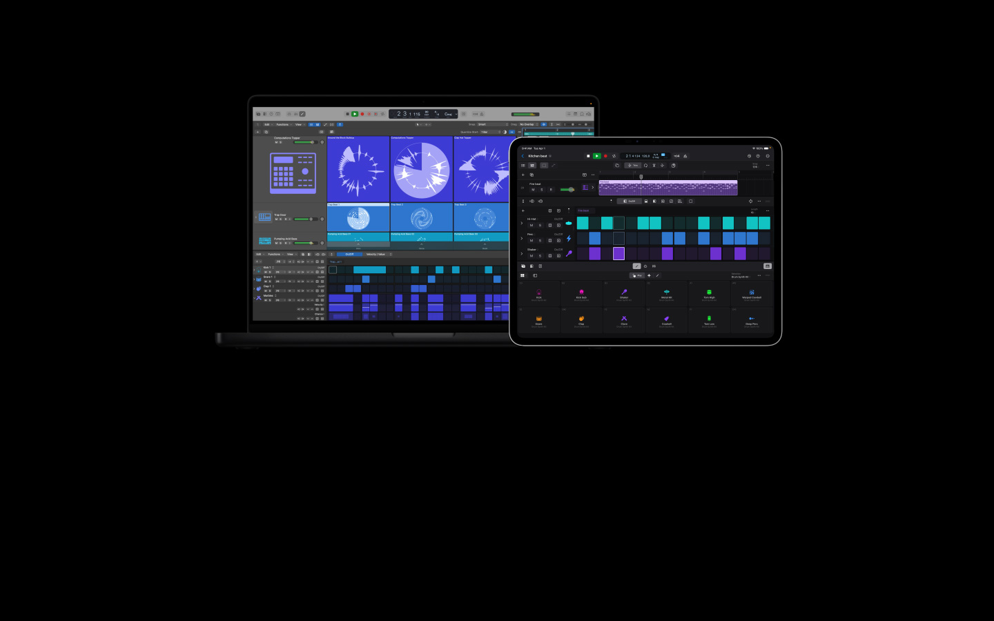 หน้าจอ MacBook Pro รุ่น 16 นิ้ว แสดงอินเทอร์เฟซของ Logic Pro โดยมีรายละเอียดของตัวควบคุมหลายอย่างสำหรับเบสและกลอง, หน้าจอ iPad Pro รุ่น 13 นิ้ว แสดงตัวควบคุมสำหรับกลองและเอฟเฟ็กต์เพอร์คัสชั่นที่แตกต่างกัน
