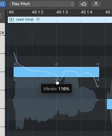หน้าจอแสดง Flex Pitch พร้อมเปอร์เซ็นต์ของ Vibrato และกราฟของ Lead Vocal