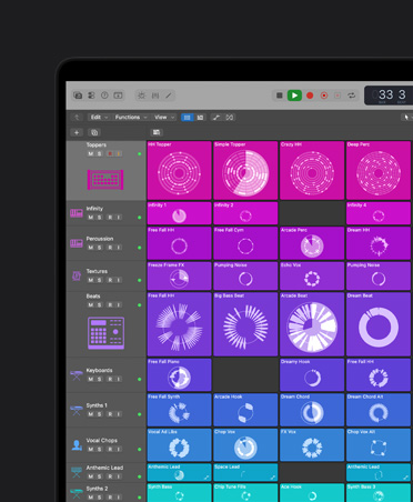 หน้าจอ MacBook Pro รุ่น 16 นิ้ว แสดงตัวควบคุมและเอฟเฟ็กต์ โดยแผงด้านซ้ายแสดง Topper, Infinity, Percussion, Texture, Beat, Keyboard, Synth 1, Vocal Chop, Anthemic Lead, Synth 2, Synth 3 แต่ละแถวจัดหมวดหมู่ตามสีและแสดงอยู่ทางด้านขวา