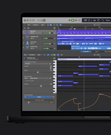 หน้าจอ MacBook Pro รุ่น 16 นิ้ว แสดงคลื่นเสียงที่มีแถวต่างๆ ซึ่งประกอบด้วย Big Room, Morphing Lead, Lead Vocal, Massive Bass และด้านล่างเป็นหน้าต่าง Piano Roll พร้อมการปรับแต่งทางด้านซ้าย