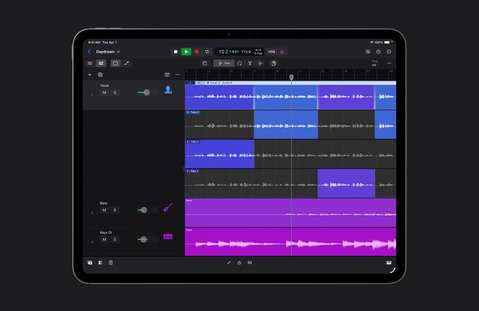 iPad Pro รุ่น 13 นิ้ว, พื้นที่ทำงานแสดงแถวของเทคเสียงซึ่งมีสีแตกต่างกัน