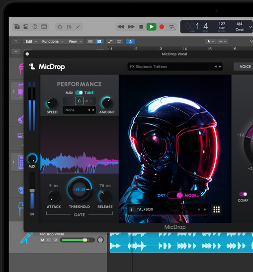 MacBook Pron näytöllä esitellään MicDrop-liitännäistä, jolla editoidaan äänitettyä ihmisääntä tekoälyn avulla Logic Pro ‑apissa