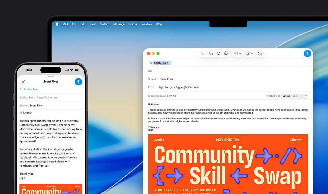 iPhone 16 Plus ja MacBook Pro, Mail-appi avoinna, sama sähköpostiluonnos esillä kummallakin näytöllä