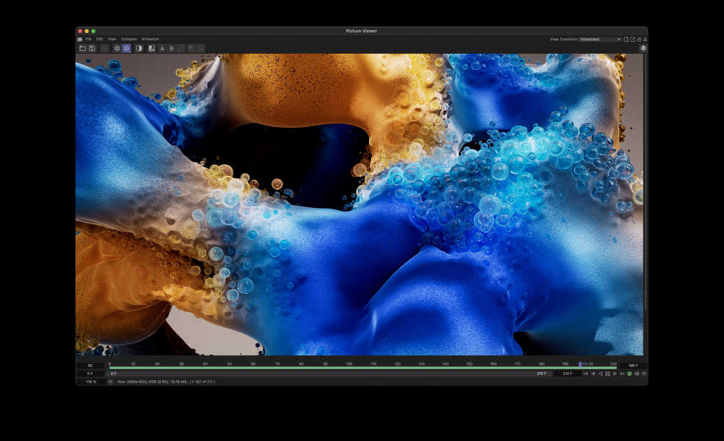 MacBook Pron näytöllä esillä Cinema 4D:tä käyttäen luotu kupla-animaatio