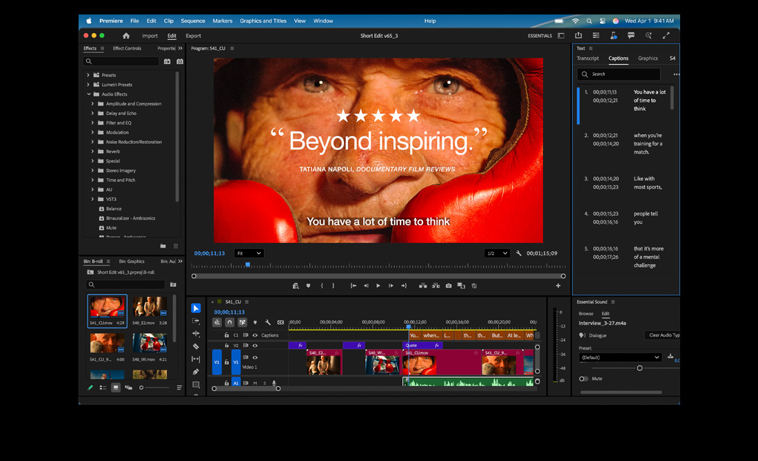 MacBook Pron näytöllä esillä Eternal Play ‑elokuvan editointi Adobe Premiere