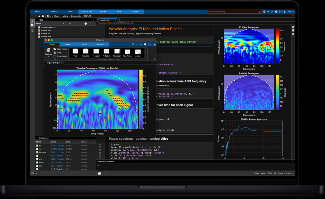 Pantalla de un MacBook Pro con MATLAB que se usa para procesar y visualizar datos geoespaciales