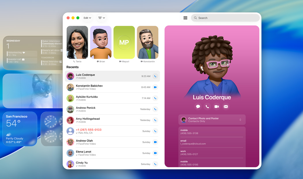 MacBook Pro, app Teléfono abierta, aparece un contacto de una llamada reciente