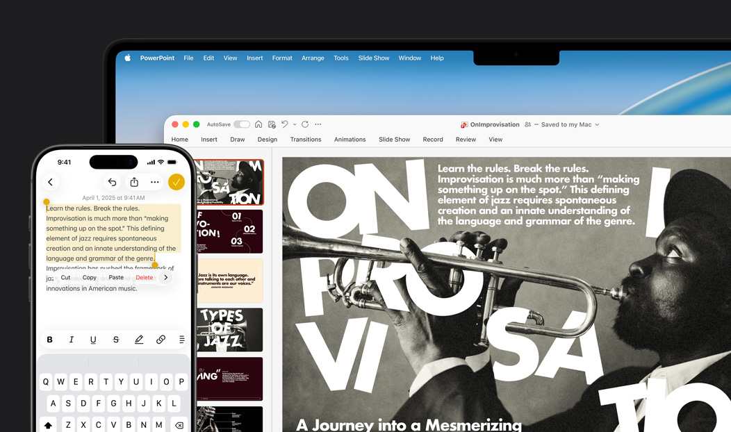iPhone 16 Plus con texto resaltado en la app Notas, MacBook Pro con una diapositiva abierta de Microsoft PowerPoint, el texto de la app Notas aparece en la diapositiva