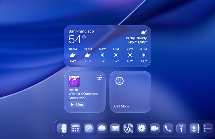 Pantalla de macOS Tahoe con los widgets de Tiempo, Podcasts y Recordatorios en Liquid Glass