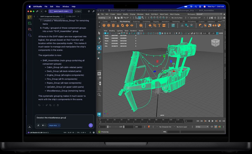 Pantalla de un MacBook Pro con LM Studio y Autodesk Maya