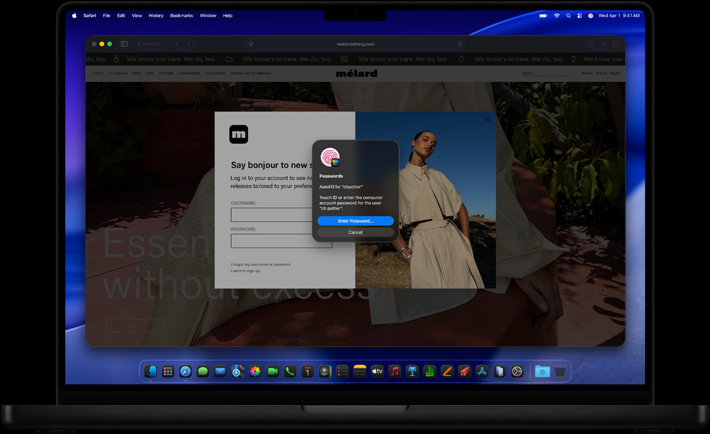 MacBook Pro preto-espacial, Safari e app Senhas solicitando que a pessoa inicie sessão em um site usando o Touch ID