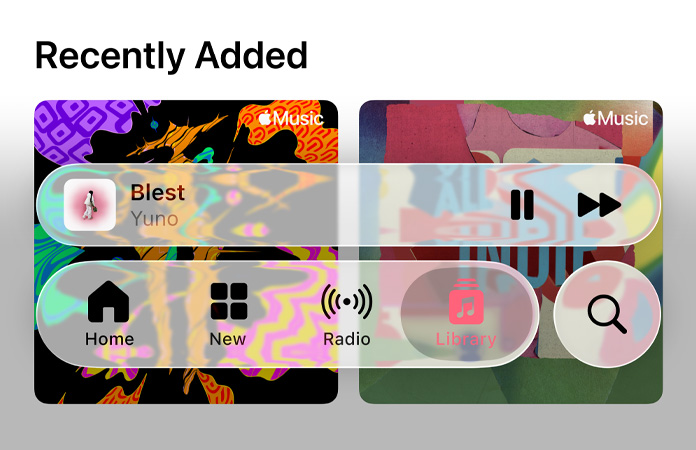 Skærmbaggrunden kan anes igennem de transparante betjeningsfunktioner i Apple Music