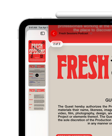 iPad w orientacji poziomej z Apple Pencil magnetycznie przyczepionym do górnej krawędzi; w lewym górnym rogu ekranu widoczny jest podgląd pliku PDF w apce Podgląd