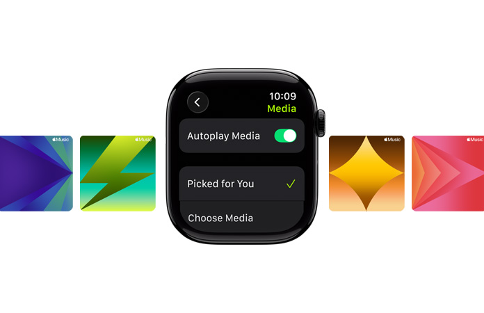 No centro, Apple Watch em preto brilhante, sem bracelete, com as opções Para si e Escolher conteúdo no mostrador, com fundos de ecrã da Apple Music personalizados