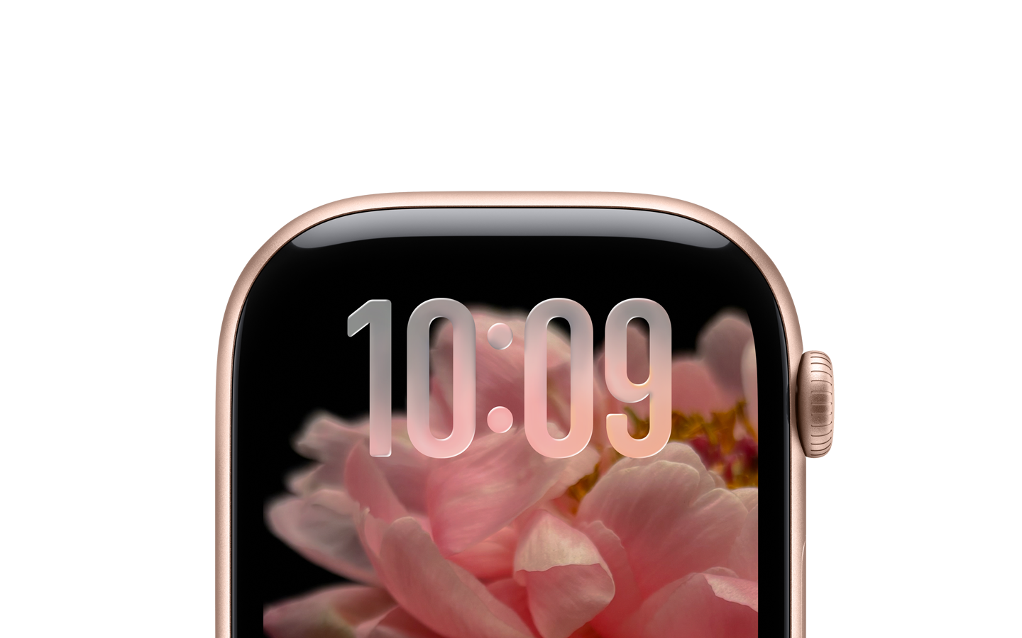 未搭配錶帶的玫瑰金色 Apple Watch，僅顯示錶面的上半部，上方是以 Liquid Glass 的半透明風格呈現的時間數字