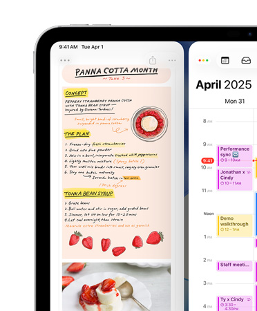 En iPad i vandret position. Øverst til venstre på skærmen vises appsene Noter og Kalender side om side som et eksempel på de intuitive vinduer.