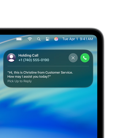Die rechte Ecke eines Mac Bildschirms mit einer Warteschleifenassistenz Live Aktivität, die anzeigt, dass die:der Anrufende in der Warteschleife für den Kundenservice ist.