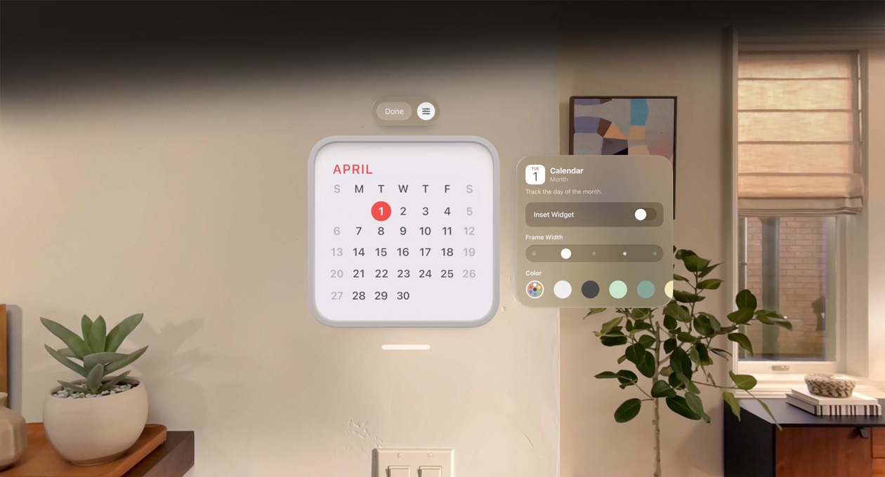 Calendar widget reading "April 1st" floats on a wall, a reminder widget above, personalization options to change frame thickness and colour to the right