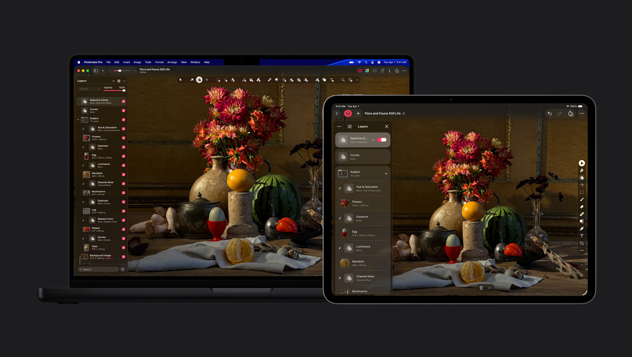 Pantallas de un MacBook Pro de 16 pulgadas y un iPad Pro de 13 pulgadas, Pixelmator Pro, pintura de naturaleza muerta con flora y fauna, kit de herramientas para capas a la izquierda